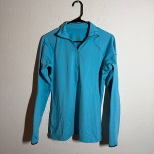 Nike Pro Shirt Womens Large Aqua Blue Thumbholes Half Zip Running Athletic Top